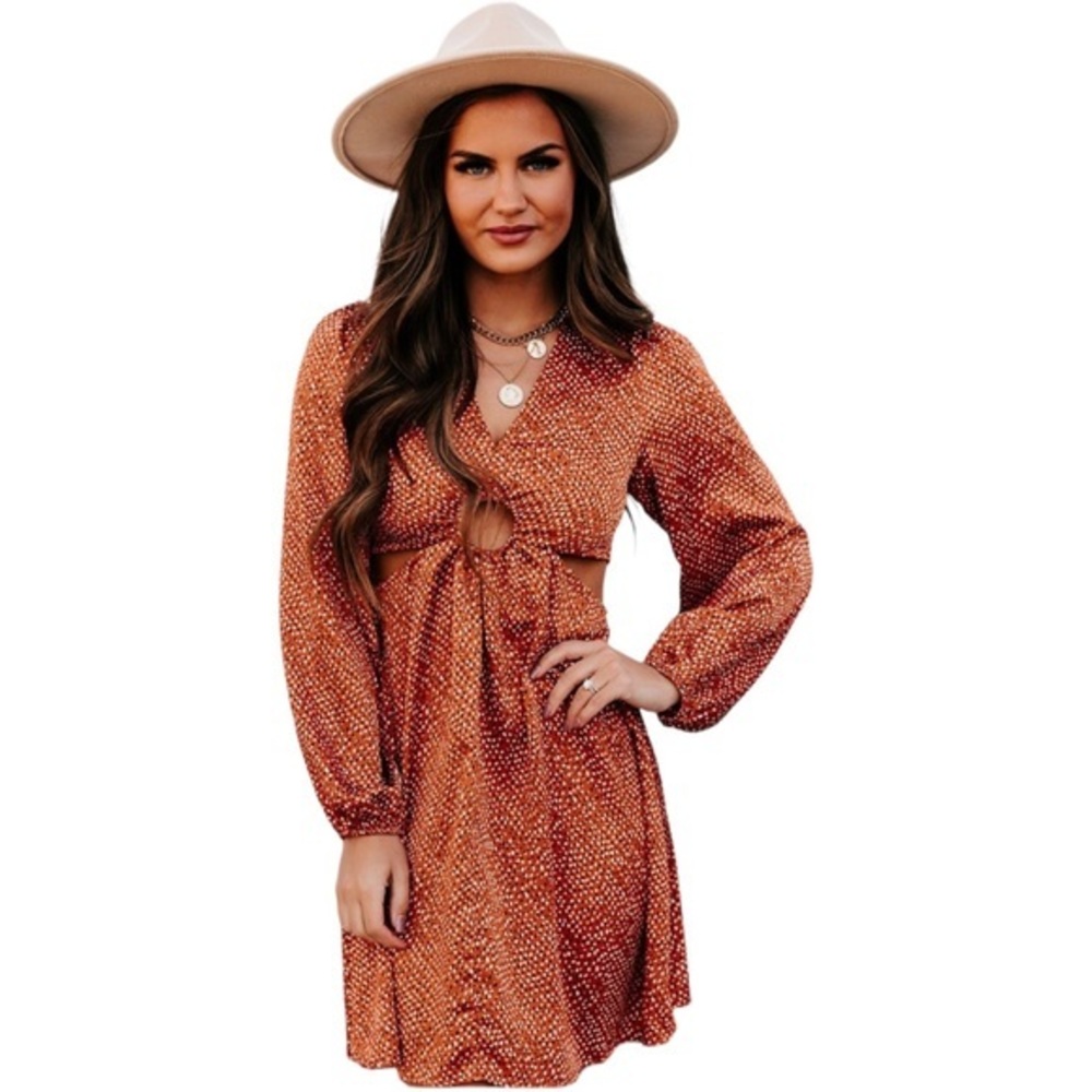 Mittoshop‎ Womens Size M Satin Cut-Out Dot Printed Mini Dress Ring Long Sleeve